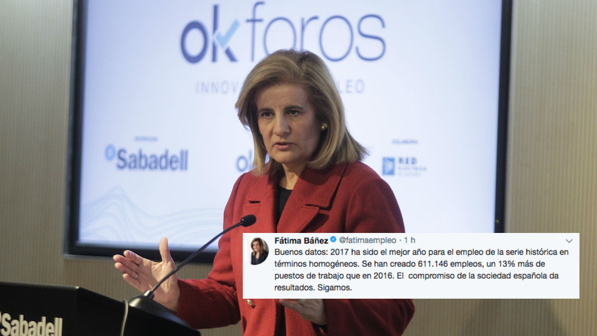 La ministra de Empleo, Fátima Báñez, celebra los datos del paro de 2017 como el mejor año «para el empleo de la serie histórica en términos homogéneos»