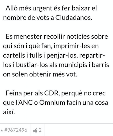 Llamamiento en Racó Catalá a que los CDR persigan a cargos y militantes de Ciudadanos