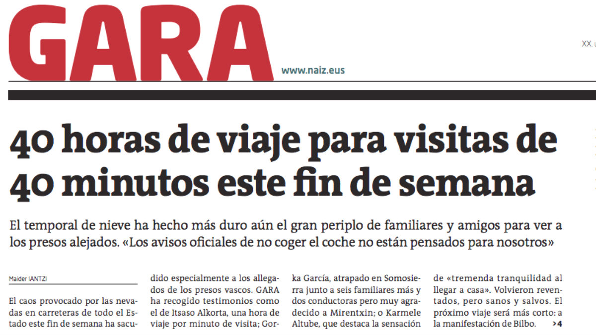 Portada del diario proetarra ‘Gara’ en su edición en papel