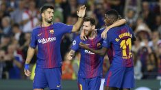 Luis Suárez, Messi y Dembélé celebran un gol. (AFP)
