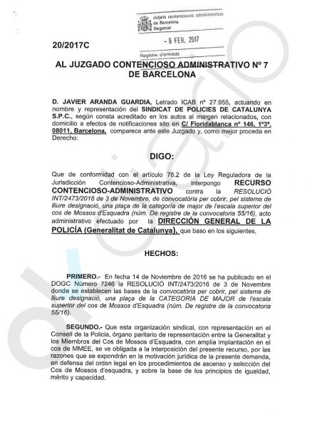 Demanda del SPC contra el nombramiento de Josep LluísTrapero