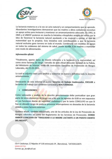 Escrito de CSIF denunciando la situación de las agentes lactantes a Ada Colau