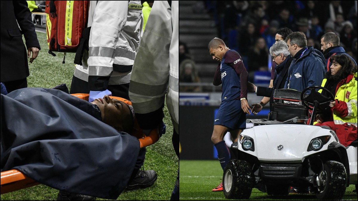 Mbappé, tras sufrir el golpe en el Lyon vs PSG. (AFP)