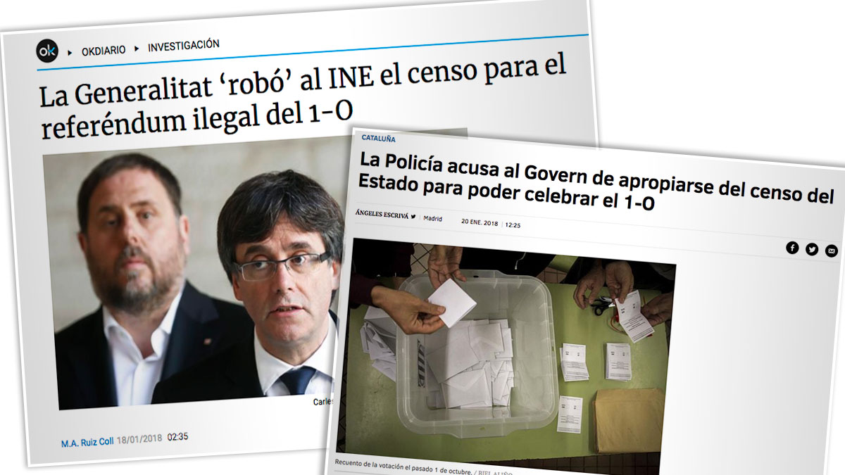 La noticia publicada el jueves por OKDIARIO sobre la utilización ilegal del censo por parte del Govern de Puigdemont, y la misma noticia publicada este sábado por El Mundo.