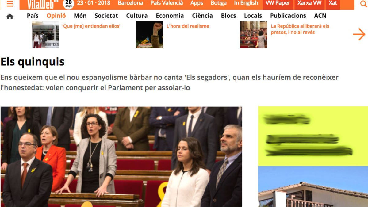 Artículo de ‘Vilaweb’ en el que se llama «quinquis» a los diputados de Ciudadanos y PP