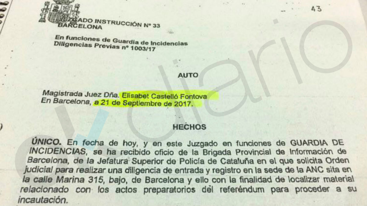 Auto de la juez titular del juzgado 33 de Barcelona, Elisabet Castelló