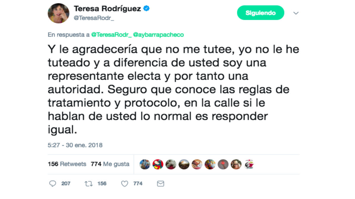 ‘Tuit’ de Teresa Rodríguez, líder de Podemos en Andalucía.