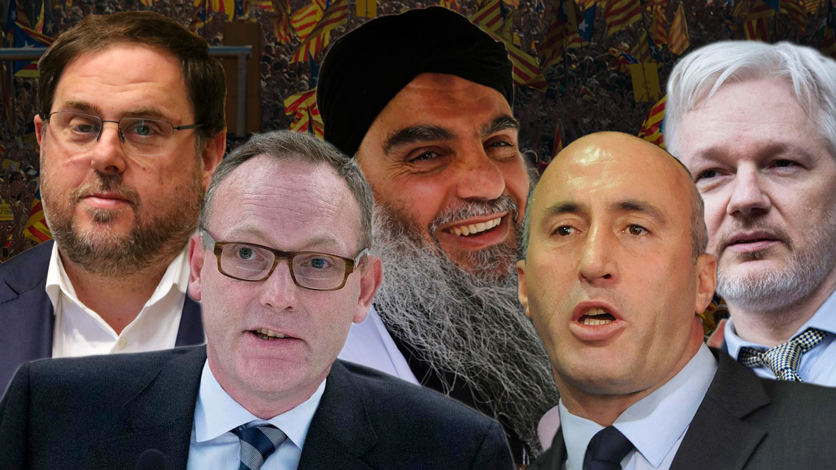 Oriol Junqueras, su abogado Ben Emmerson y algunos de sus clientes: el clérigo yihadista Abu Qatada, el primer ministro de Kosovo Ramush Haradinaj y Julian Assange.