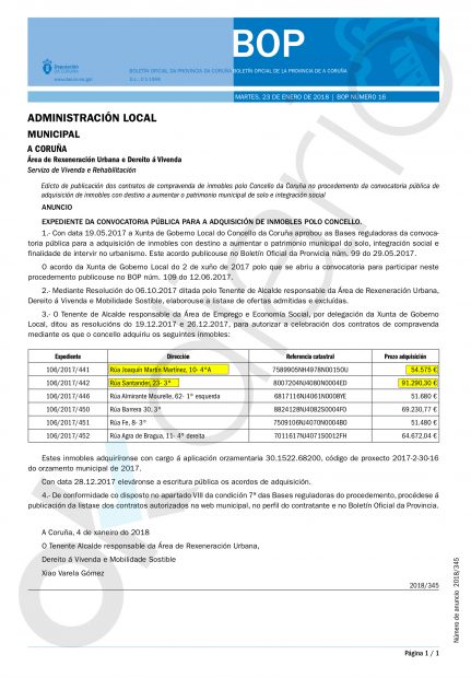 El ayuntamiento de La Coruña publica la compra de los dos inmuebles del consultor de Colau