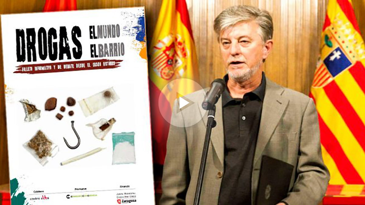 El alcalde podemita de Zaragoza, Pedro Santisteve, y el folleto que anima a consumir drogas