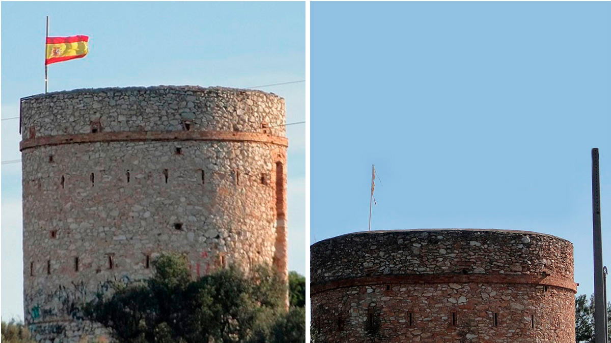 Las torres de defensa de Vendrell (Tarragona): la de Puig con una bandera española y la de Botafoc con una los trozos de una estelada (Fotos: ‘É-Notícies)