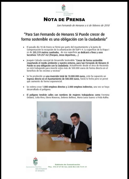 Nota de prensa del Ayuntamiento de San Fernando de Henares gobernado por Podemos.