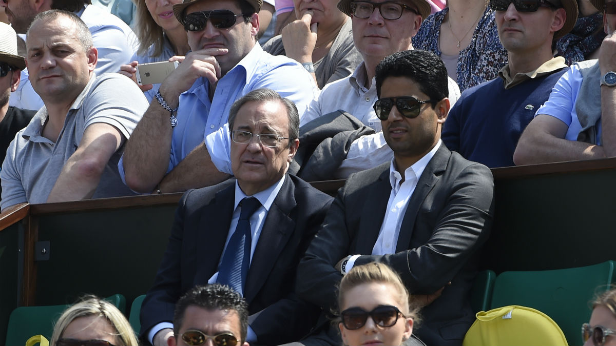 Al khelaifi y Florentino presenciando un partido de tenis. (AFP)