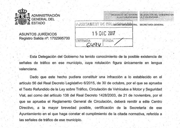 El alcalde de un pueblo valenciano se niega a rotular en español y se amotina contra el Gobierno