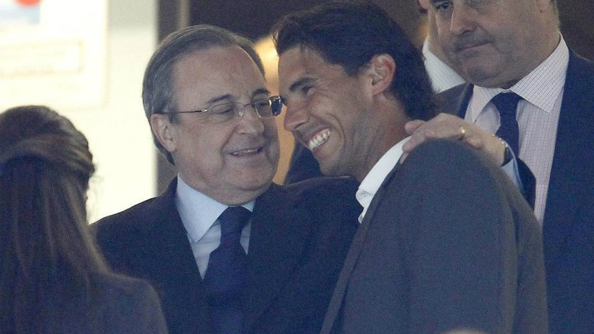 Rafa Nadal, junto a Florentino Pérez en el palco del Santiago Bernabéu.