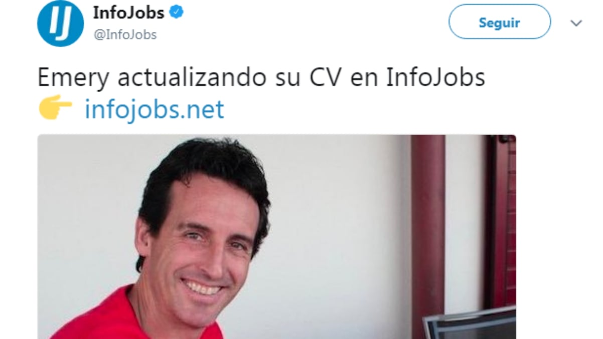 El ‘tweet’ sobre Emery de Infojobs. (Twitter)