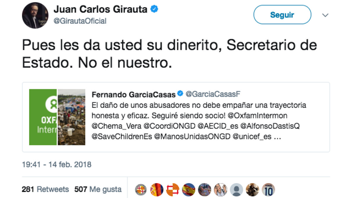 Tuit de Juan Carlos Girauta (C’s) en respuesta al secretario de Estado de Cooperación por el caso Oxfam.