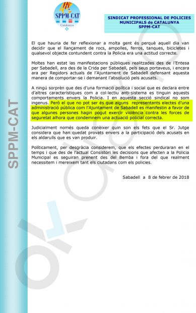 Comunicado del SPPM contra el concejal de Seguridad de la CUP