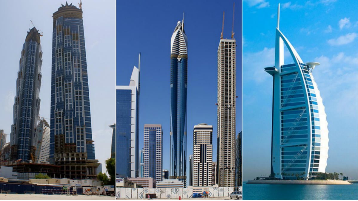 De izquierda a derecha los hoteles, JW Marriott Marquis Dubai, la Rose Tower y el Burj Al Arab en Dubái.