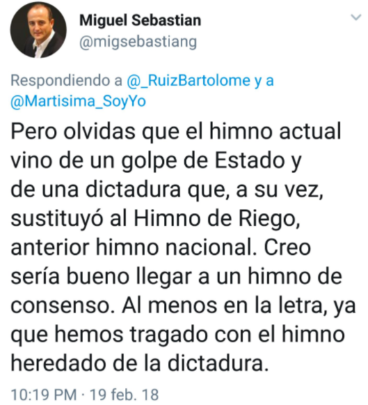 Tuit del exministro Miguel Sebastián asegurando que el himno de España (1761) es "franquista"