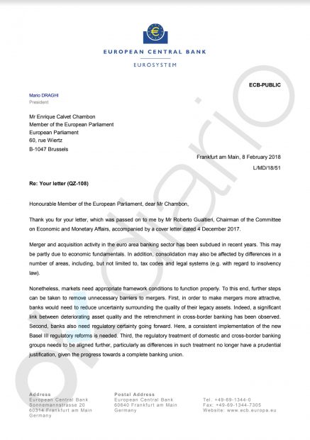 Carta de Draghi a la que ha tenido acceso OKDIARIO.
