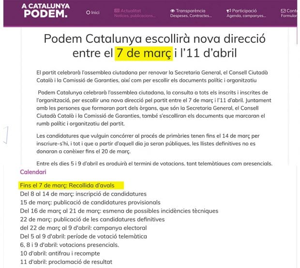 Comunicado de Podem Catalunya este miércoles en el que da un plazo de 7 días para presentar avales