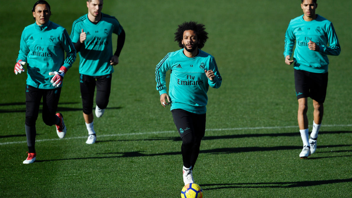 Marcelo, en un entrenamiento con el Real Madrid. (AFP)