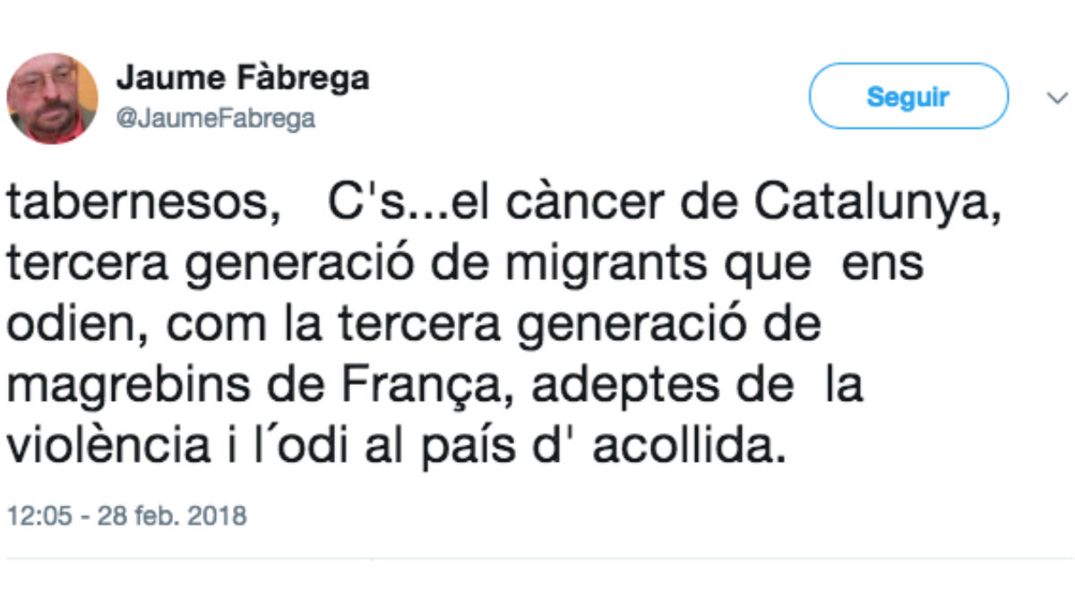 Tuit de Jaume Fàbrega, profesor de la Universidad Autónoma de Barcelona, en el que arremete contra Tabarnia y Ciudadanos