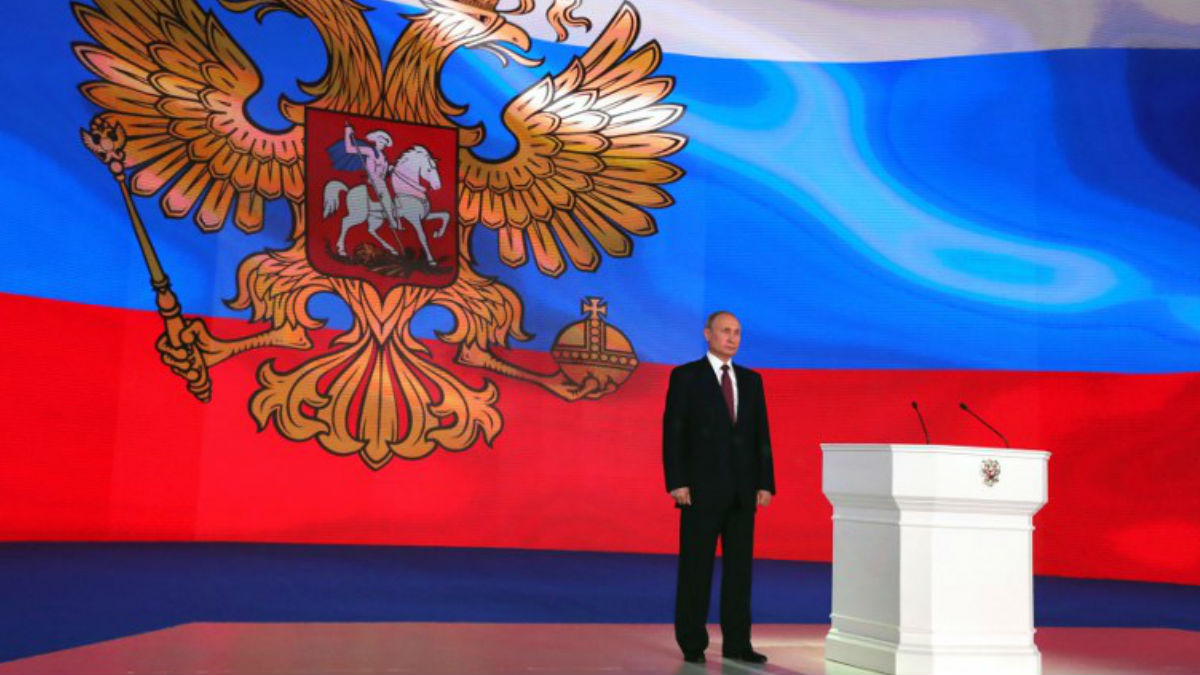Vladimir Putin, Presidente de Rusia, en la presentación de su nuevo misil armamentístico. Foto: AFP