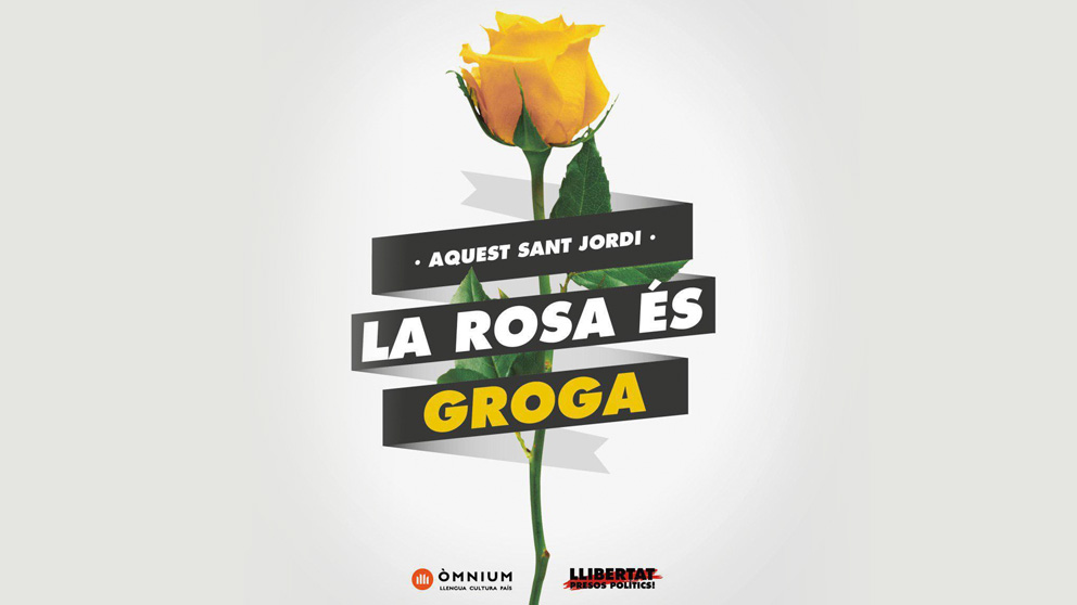 Cartel de Òmnium Cultural que demanda repartir rosas amarillas el día de Sant Jordi
