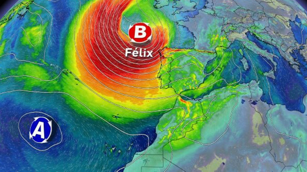 La borrasca Félix representada en un mapa significativo del tiempo.