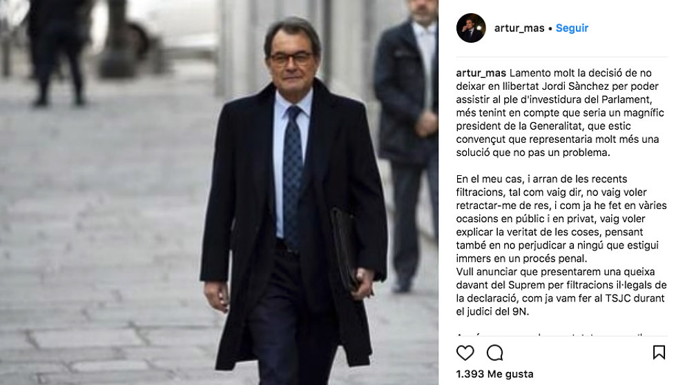 El ex president de la Generalitat Artur Mas y su apunte en instagram.