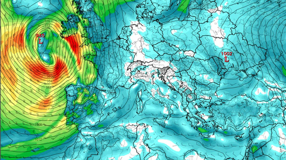 Mapa de isobaras de la borrasca Gisele.