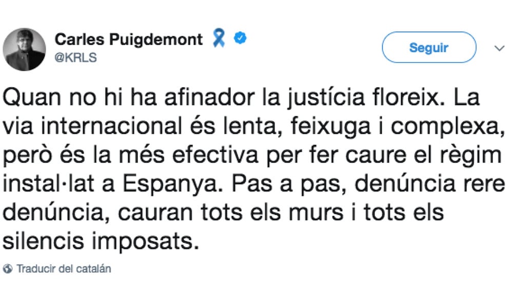 Tuit de Carles Puigdemont aprovechando la sentencia del TEDH.
