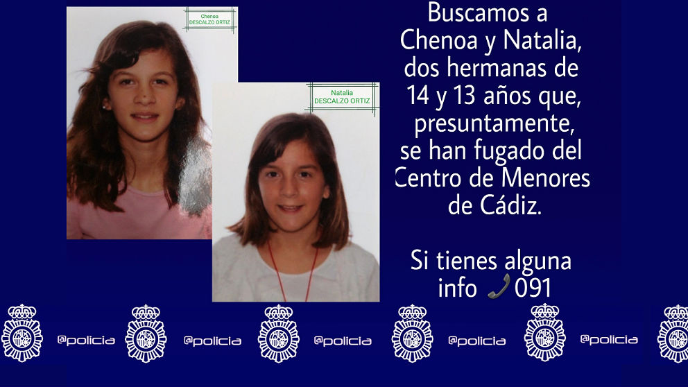 Cartel de la Policía Nacional en busca de Chenoa y Natalia, dos hermanas fugadas de un centro de menores de Cádiz.
