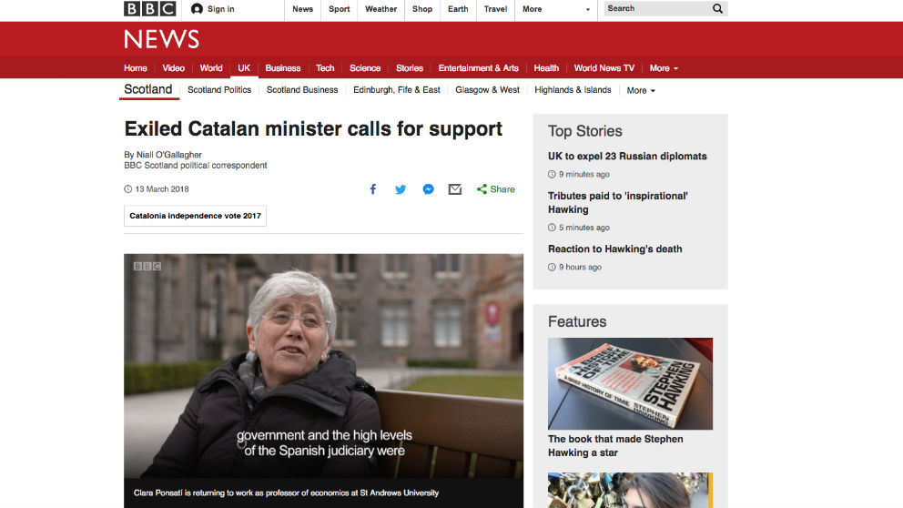 La ex consellera de Enseñanza fugada, Clara Ponsatí, en una entrevista en la BBC