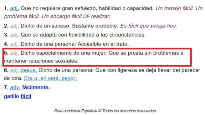 La quinta acepción de 'fácil' en el diccionario de la RAE se refería exclusivamente a la mujer de manera sexista.