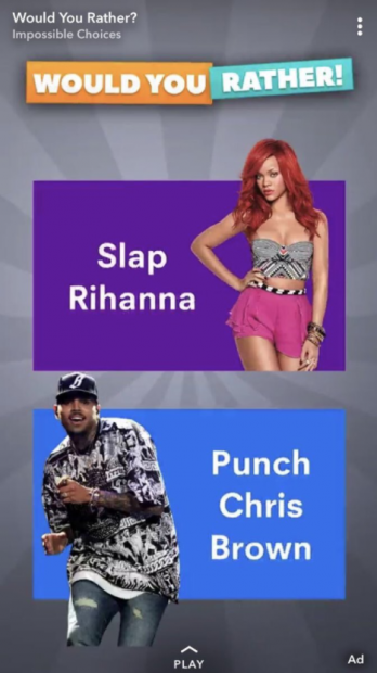 El anuncio que ha mandado Snapchat en el que frivoliza sobre la paliza que recibió Rihanna a manos de Chirs Brown. 
