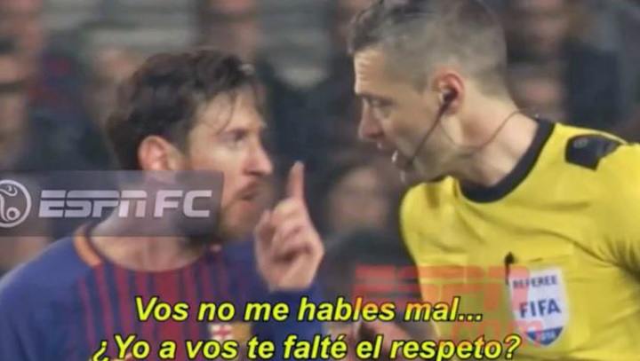 El cara a cara de Messi y Skomina durante el Barça-Chelsea (ESPN)