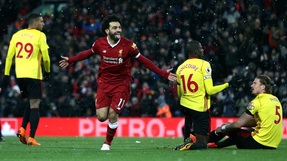 Salah celebra uno de sus goles al Watford. (Getty)