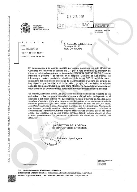 El ex ministro Soria demuestra que no ha vulnerado la ley de incompatibilidades