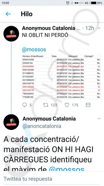 Listado con números de placa de mossos que intervienen en cargas policiales