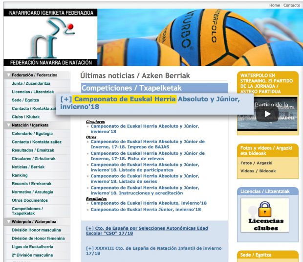 Web de la Federación Navarra de Natación con el "Campeonato de Euskal Herría"