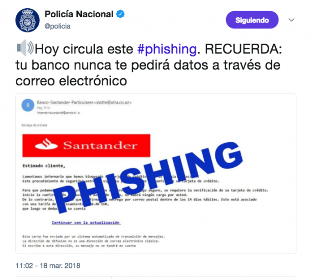 La Policía alerta sobre un nuevo caso de Phishing que afecta a clientes del Santander