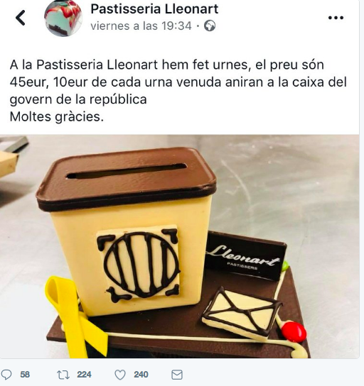 Mona de Pascua de una pastelería de Barcelona que recauda fondos para los golpistas (Foto:Twitter)