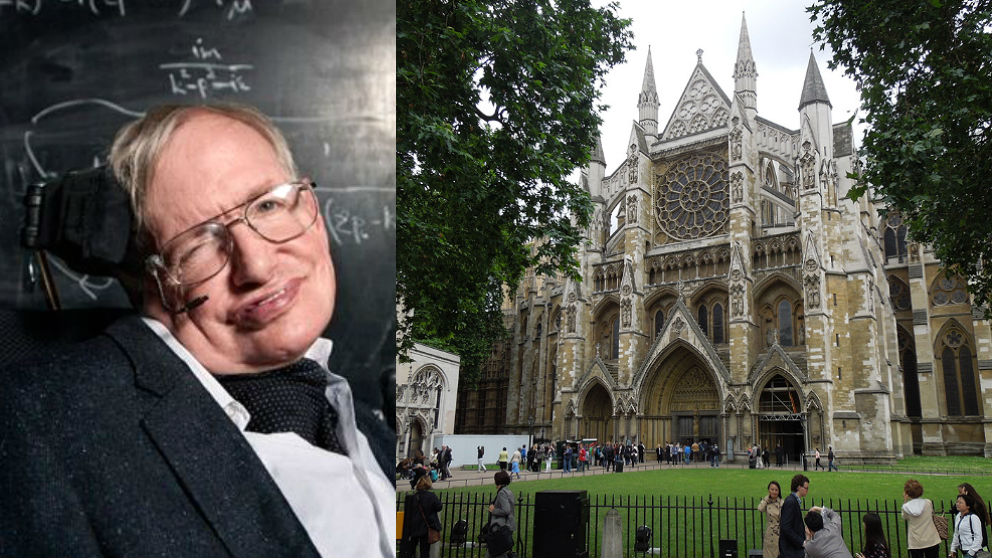 El científico Stephen Hawking y la Abadía de Westminster, en Londres.