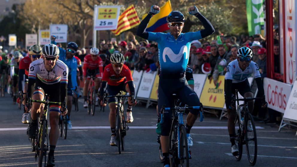 Alejandro Valverde, entrando a meta en la segunda etapa de la Volta a Cataluña. (EFE)