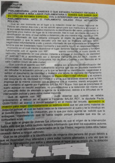 Atestado de la Policía Local de Santiago sobre el incidente con la diputada Paula Quinteiro