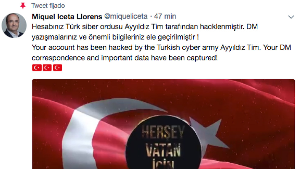 La cuenta de Miquel Iceta (PSC) hackeada por unos piratas que escriben mensajes en turco.
