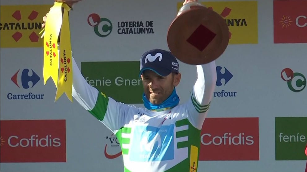 Alejandro Valverde celebrando la victoria en la cuarta etapa de la Volta a Cataluña. (@Movistar_Team)